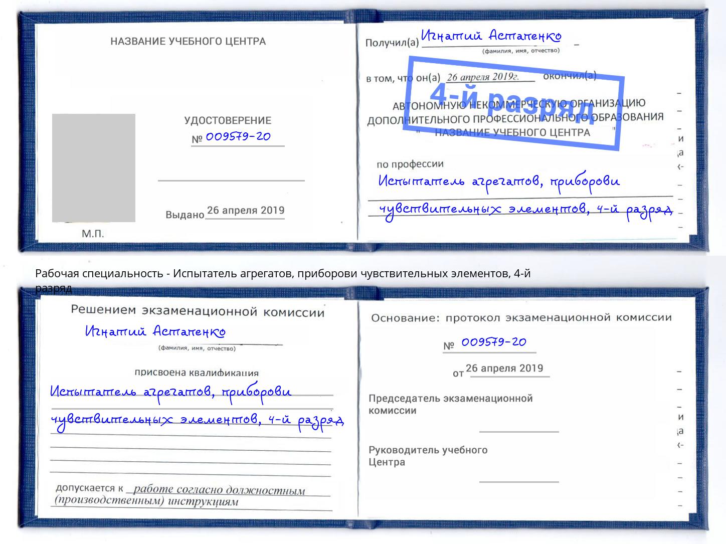 корочка 4-й разряд Испытатель агрегатов, приборови чувствительных элементов Зеленокумск