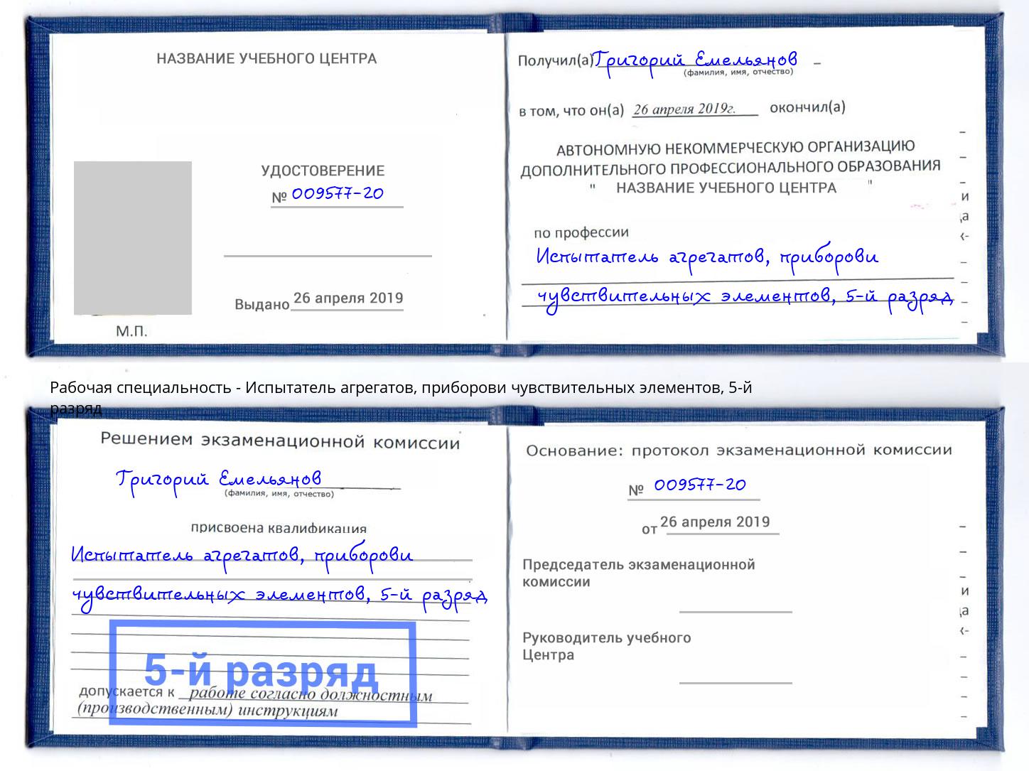 корочка 5-й разряд Испытатель агрегатов, приборови чувствительных элементов Зеленокумск