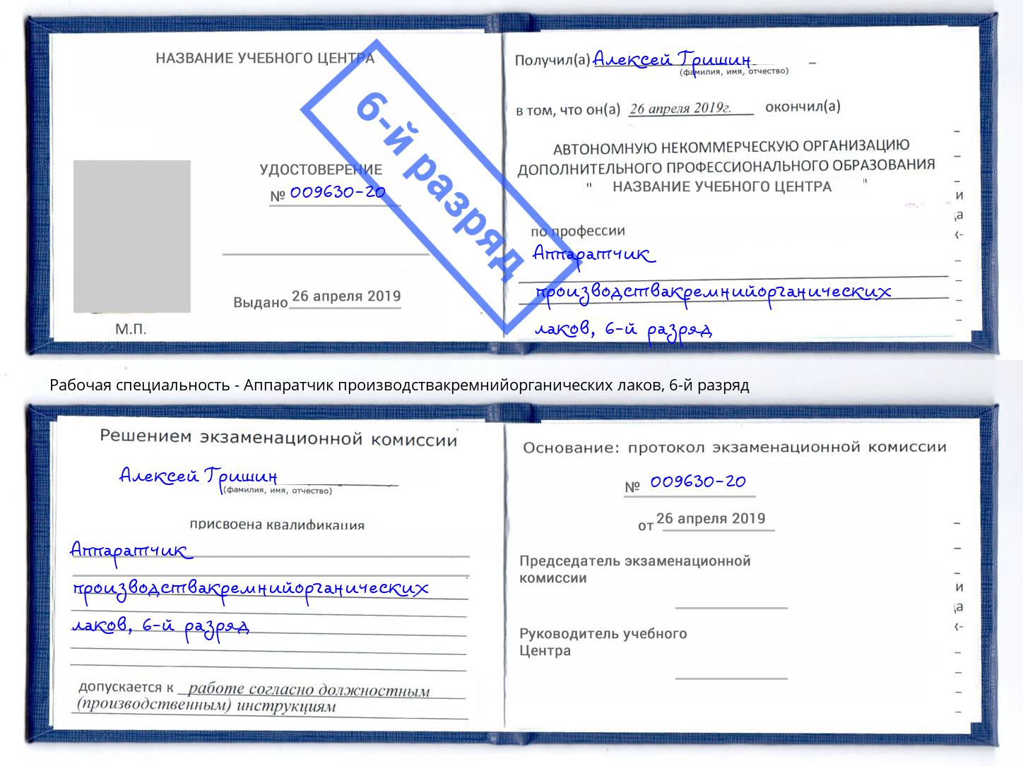 корочка 6-й разряд Аппаратчик производствакремнийорганических лаков Зеленокумск