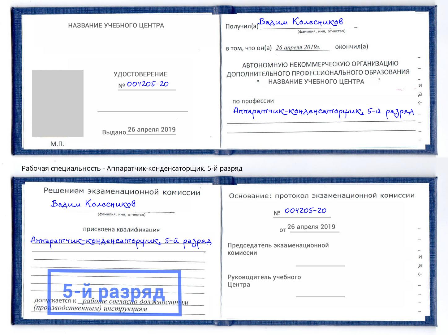 корочка 5-й разряд Аппаратчик-конденсаторщик Зеленокумск