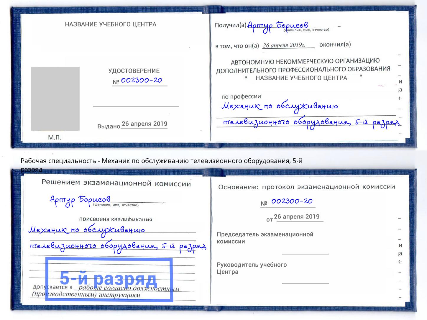 корочка 5-й разряд Механик по обслуживанию телевизионного оборудования Зеленокумск