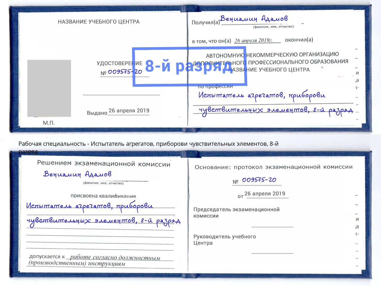 корочка 8-й разряд Испытатель агрегатов, приборови чувствительных элементов Зеленокумск